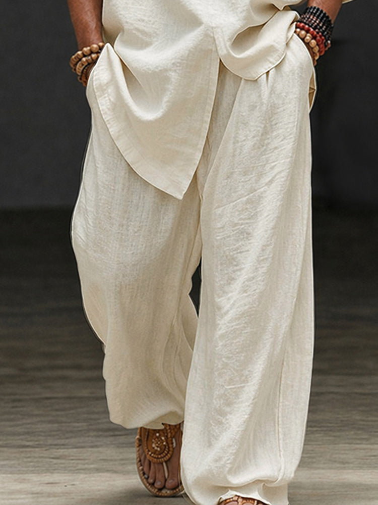 Casual Loose 100% Cotton V-Neck Top Pants Set - Beige
