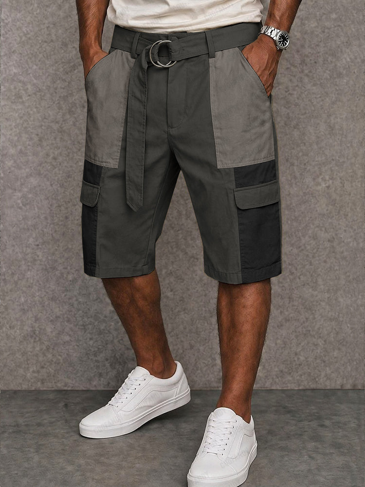 Trendy 100% Cotton Colorblock Belted Cargo Shorts - Gray
