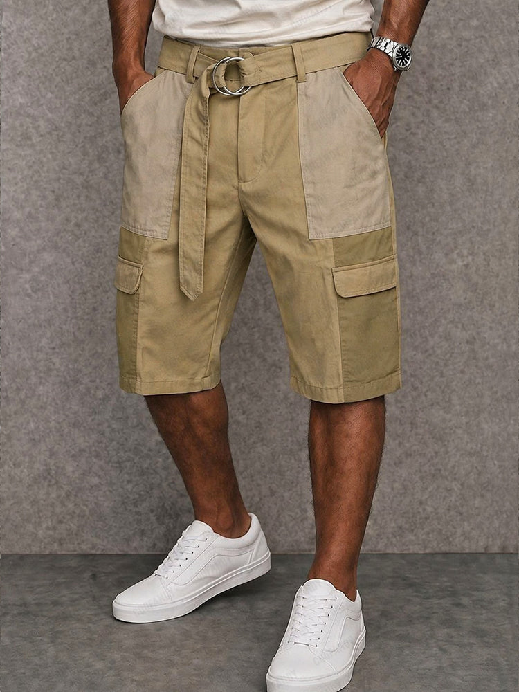 Trendy 100% Cotton Colorblock Belted Cargo Shorts - Khaki