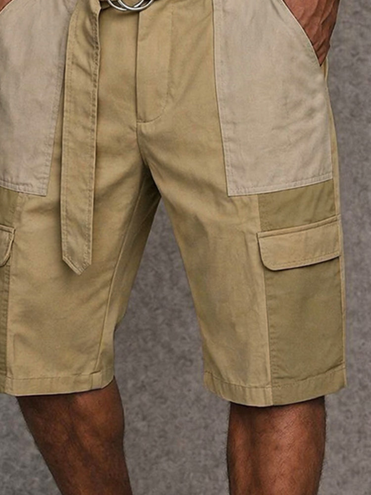 Trendy 100% Cotton Colorblock Belted Cargo Shorts - Khaki