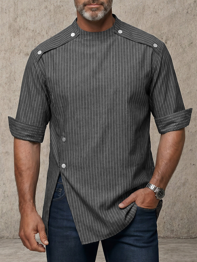 Urban Button Detail Pinstripe Pullover Shirt - Gray