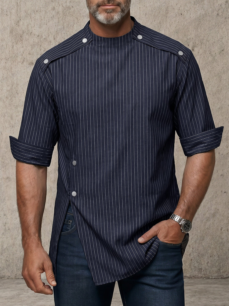Urban Button Detail Pinstripe Pullover Shirt - Navy Blue