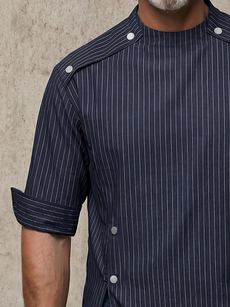 Urban Button Detail Pinstripe Pullover Shirt - Navy Blue