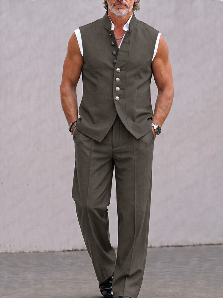 Modern Solid Color Suit Vest and Pants Set - Brown