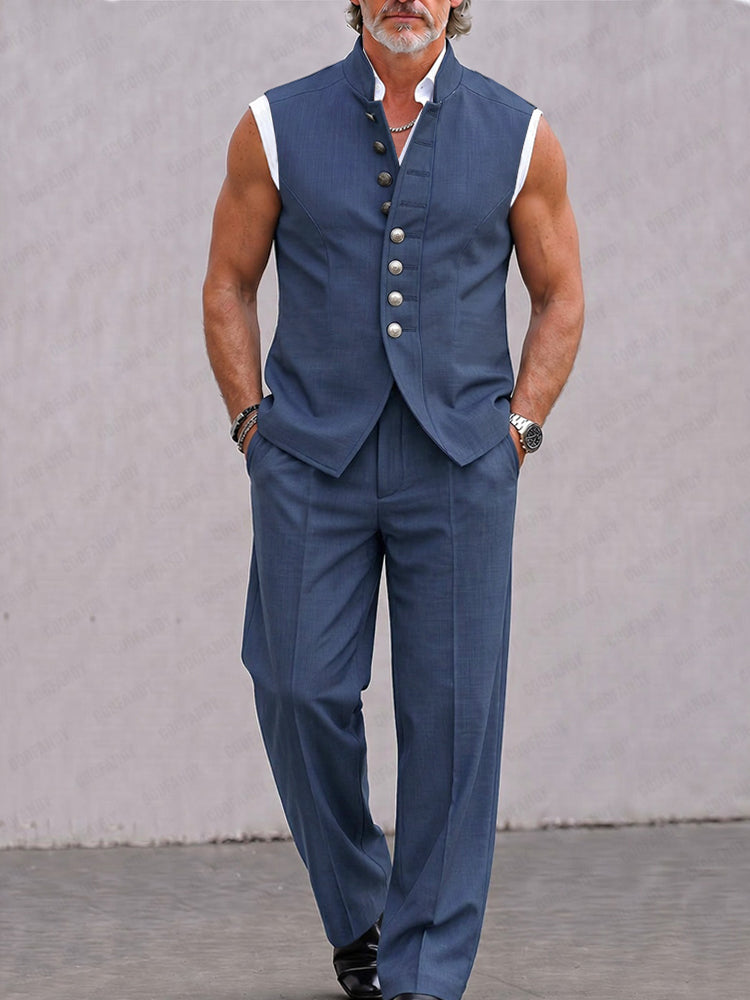 Modern Solid Color Suit Vest and Pants Set - Blue