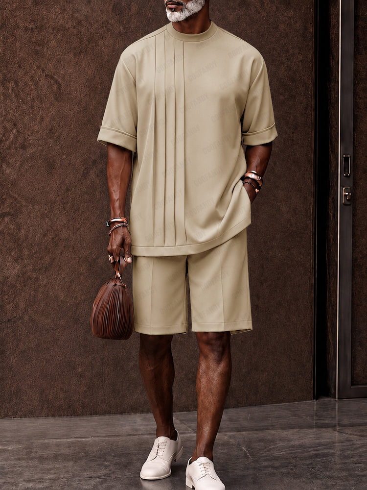 Casual Loose Pleated Front T-Shirt Shorts Set - Khaki