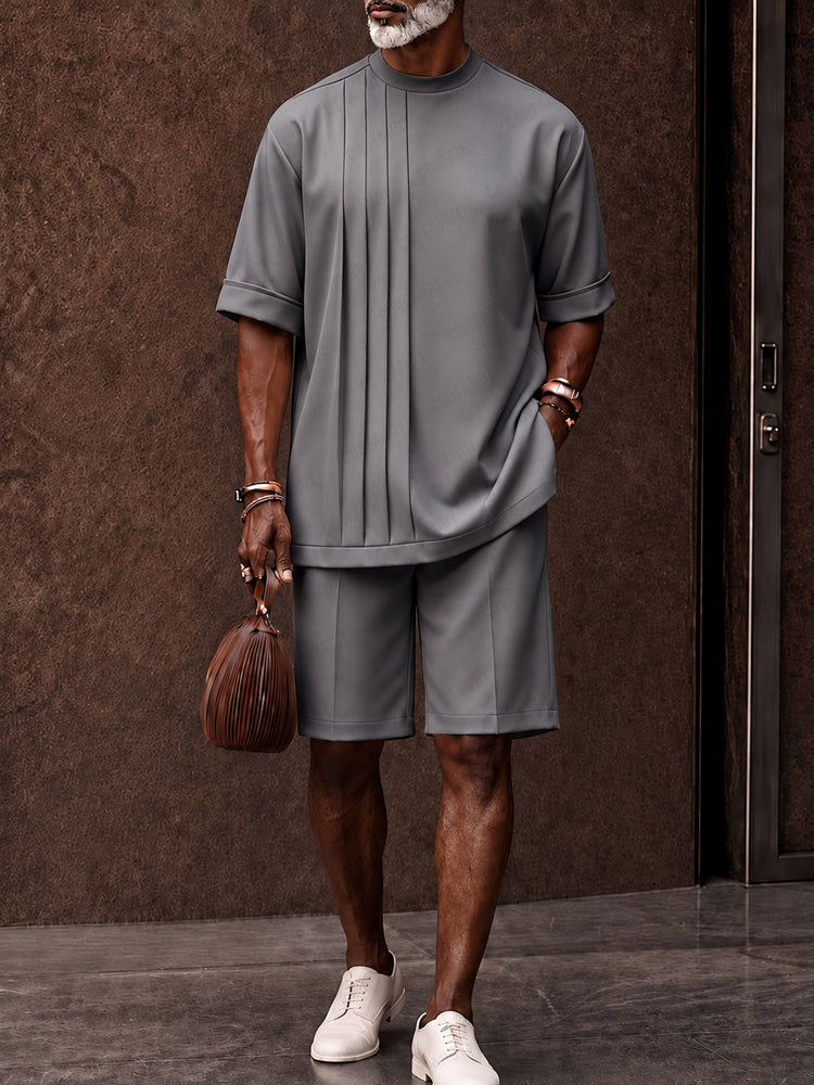Casual Loose Pleated Front T-Shirt Shorts Set - Gray