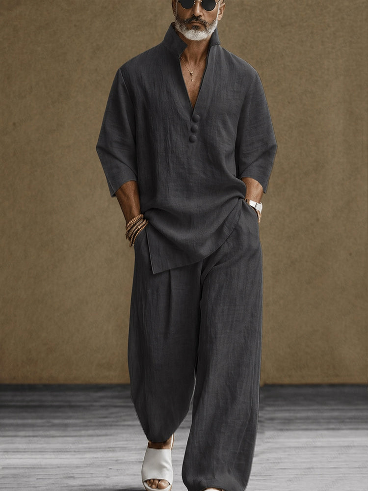 Minimalist 100% Cotton Side Slit Shirt and Pants Set - Dark Gray
