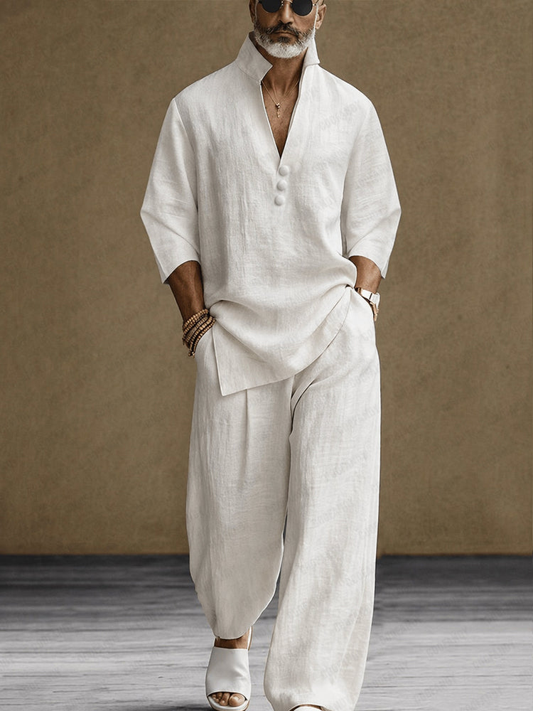 Minimalist 100% Cotton Side Slit Shirt and Pants Set - White