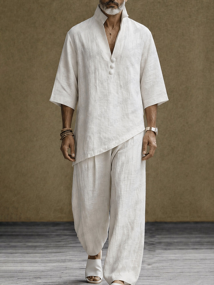 Minimalist 100% Cotton Side Slit Shirt and Pants Set - White