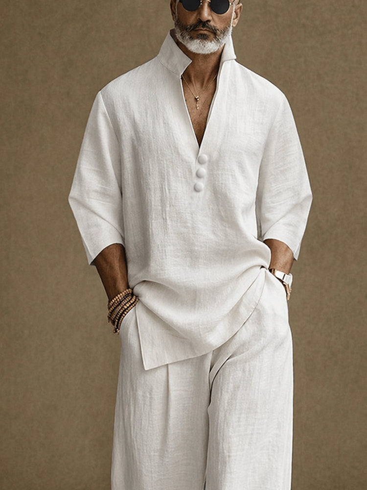 Minimalist 100% Cotton Side Slit Shirt and Pants Set - White