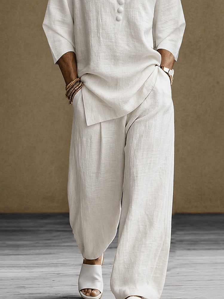 Minimalist 100% Cotton Side Slit Shirt and Pants Set - White