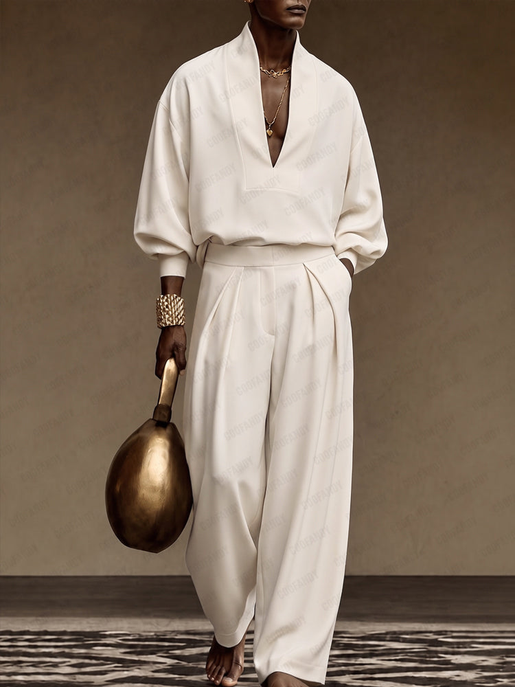 Minimalism Casual Designer Shirt and Pants Set - Beige