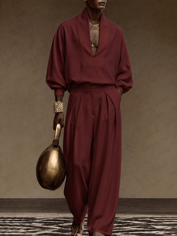 Minimalism Casual Designer Shirt and Pants Set - Wine Red