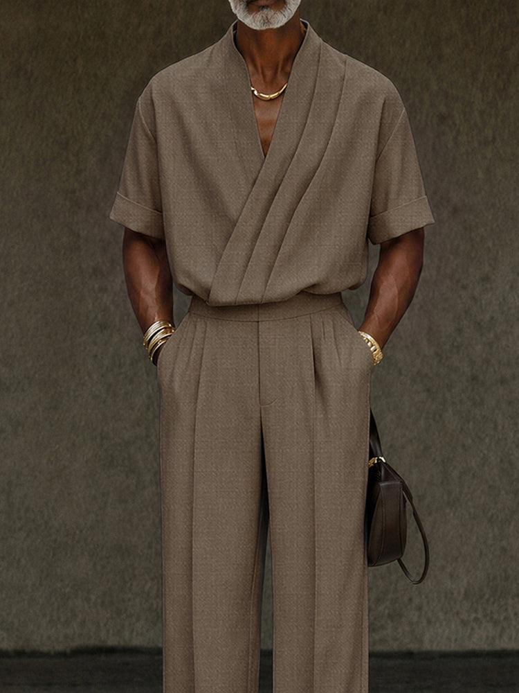 Contemporary Pleated Cross Placket Shirt Pants Set - Brown