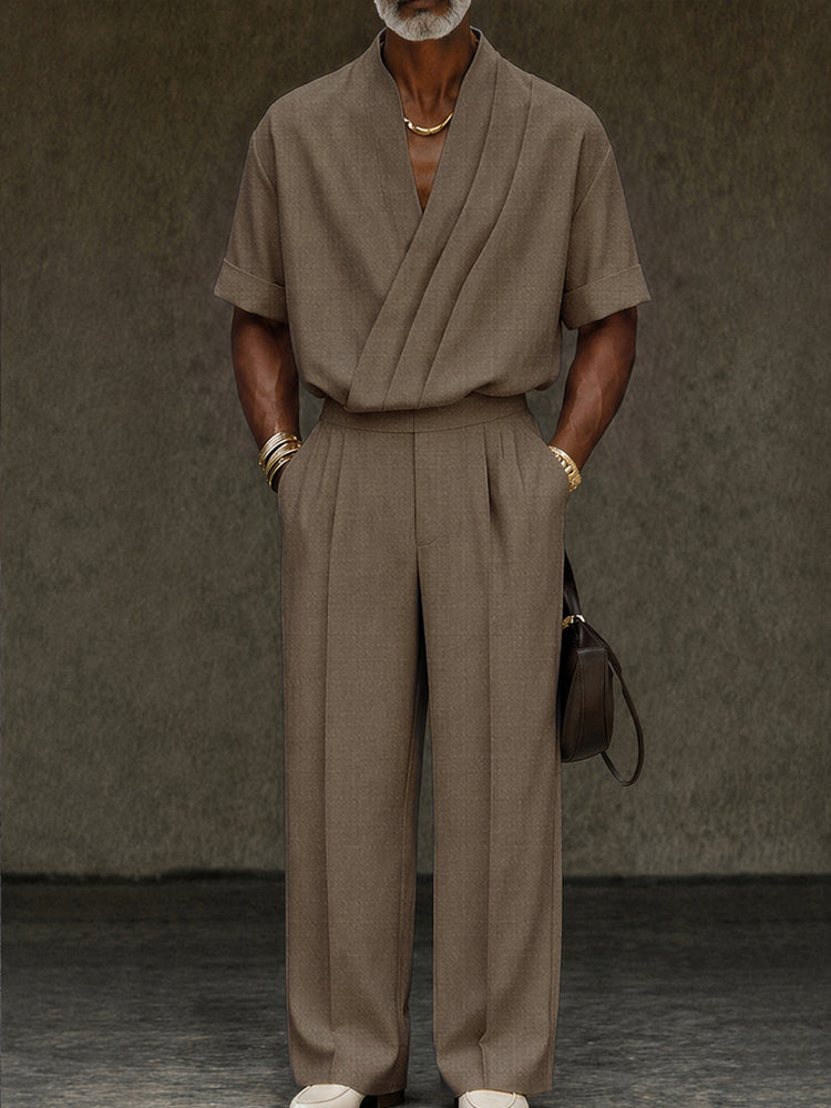 Contemporary Pleated Cross Placket Shirt Pants Set - Brown
