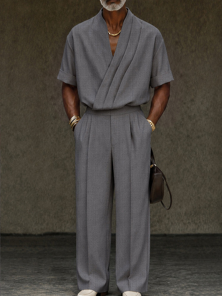 Contemporary Pleated Cross Placket Shirt Pants Set - Gray