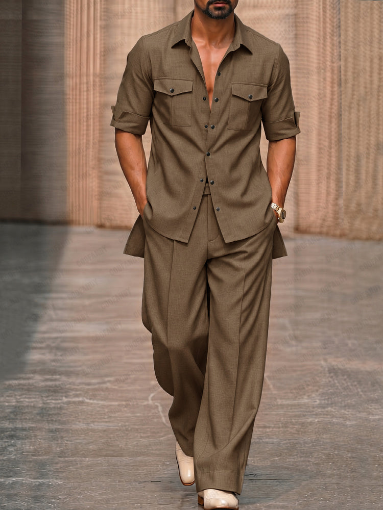 Modern High-Low Hem Shirt and Pants Set - Brown