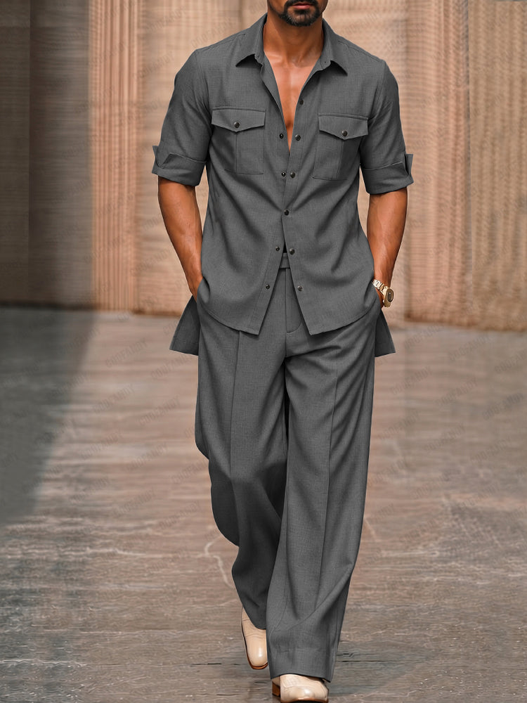 Modern High-Low Hem Shirt and Pants Set - Dark Gray