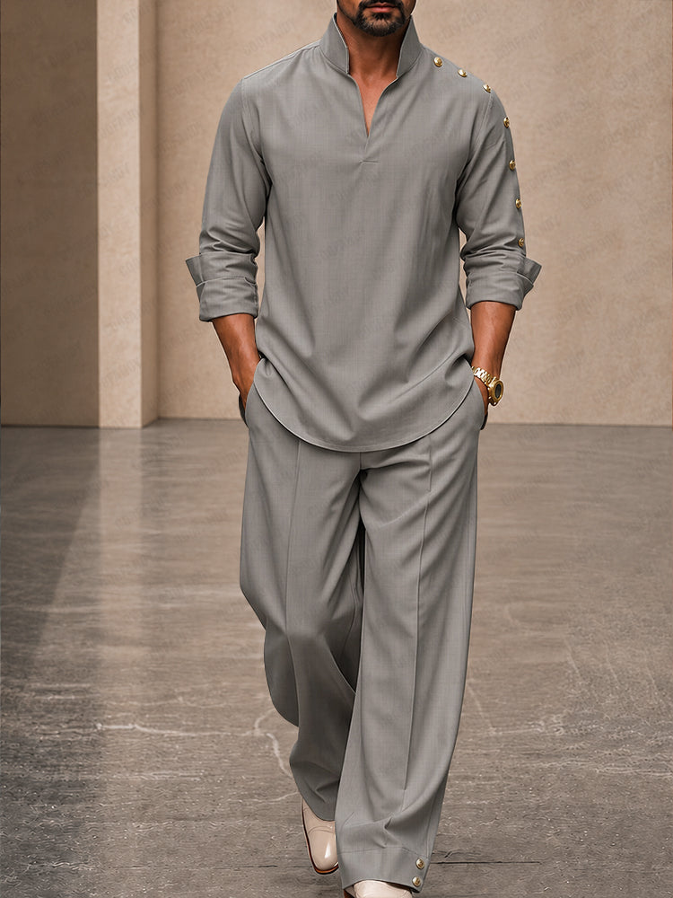 Casual Loose Button Accents Sleeve Shirt Pants Set - Gray