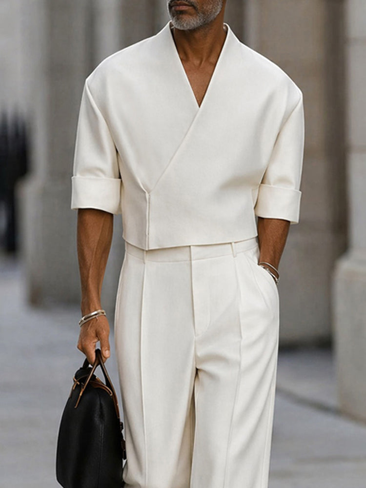 Modern Sleek Cropped Shirt and Pants Set - White