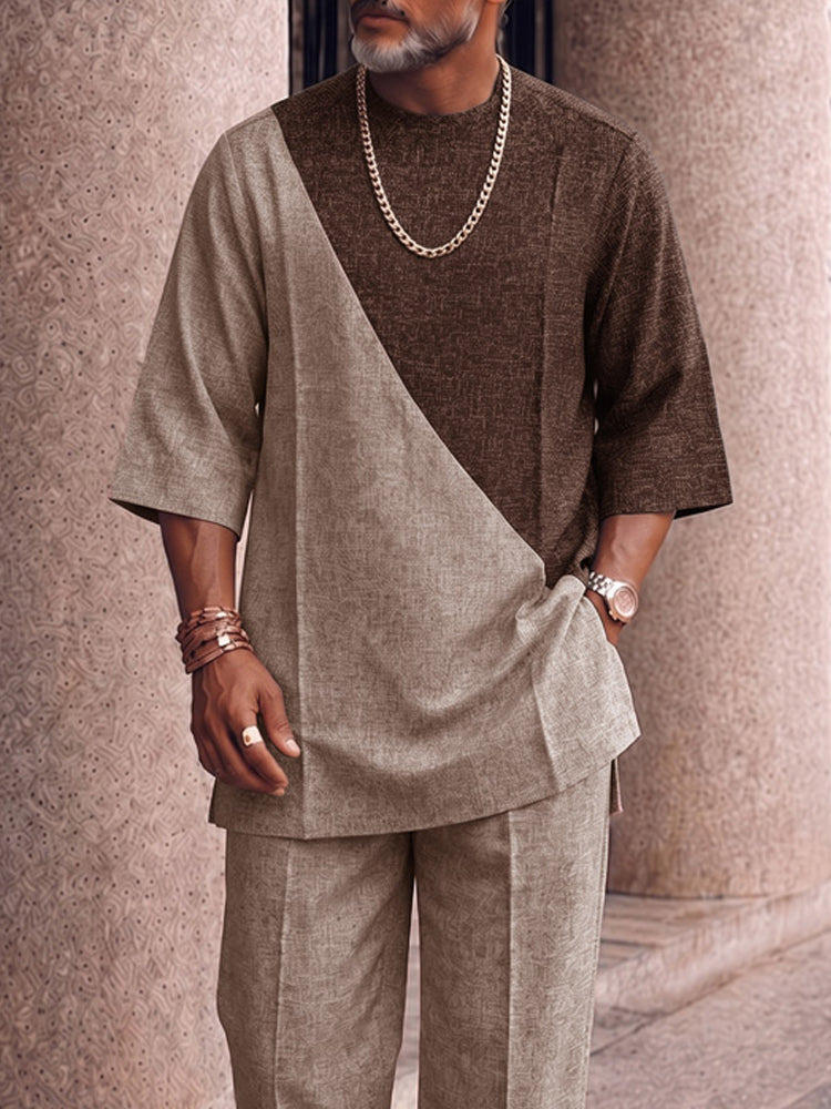 Effortless Style Colorblock T-Shirt Pants Set - Khaki-Short Sleeve