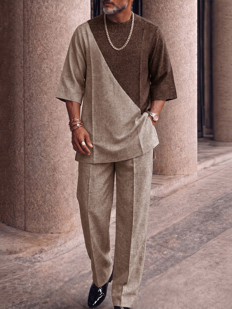 Effortless Style Colorblock T-Shirt Pants Set - Khaki-Short Sleeve