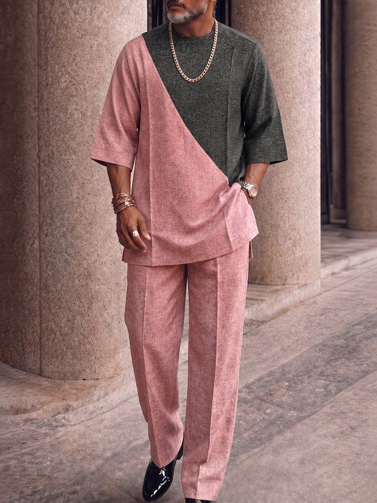 Effortless Style Colorblock T-Shirt Pants Set - Pink-Short Sleeve