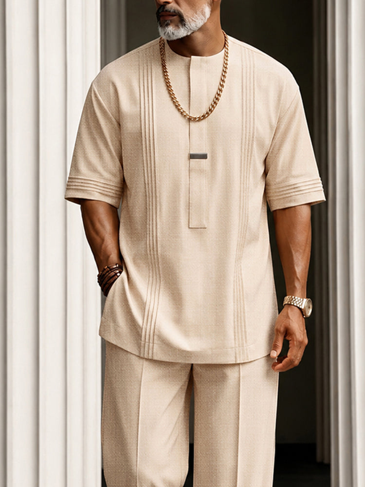 Essential Leisure Pleated Detail T-Shirt Pants Set - Apricot