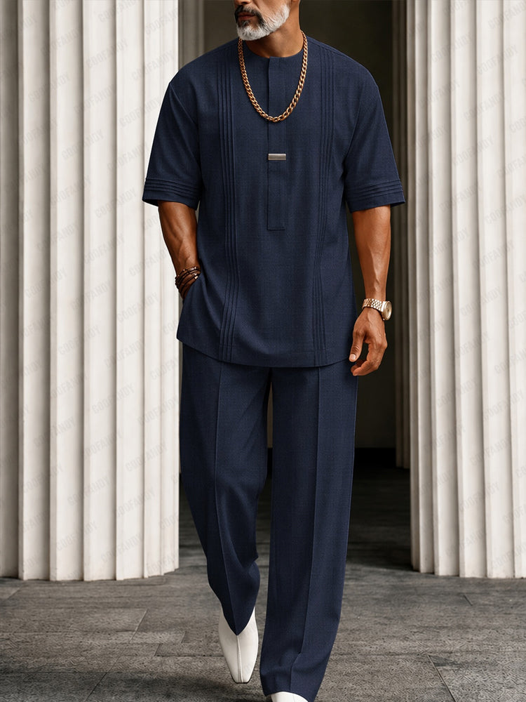 Essential Leisure Pleated Detail T-Shirt Pants Set - Navy Blue
