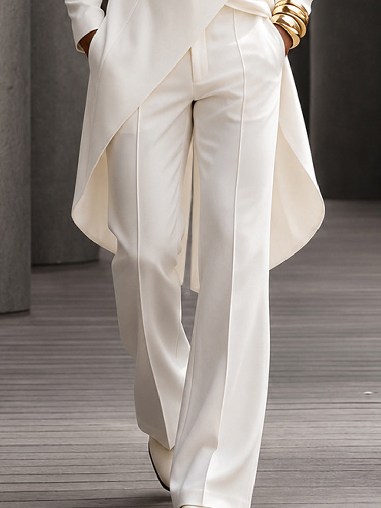 Quiet Luxury Style Long Tail Shirt Pants Set - White