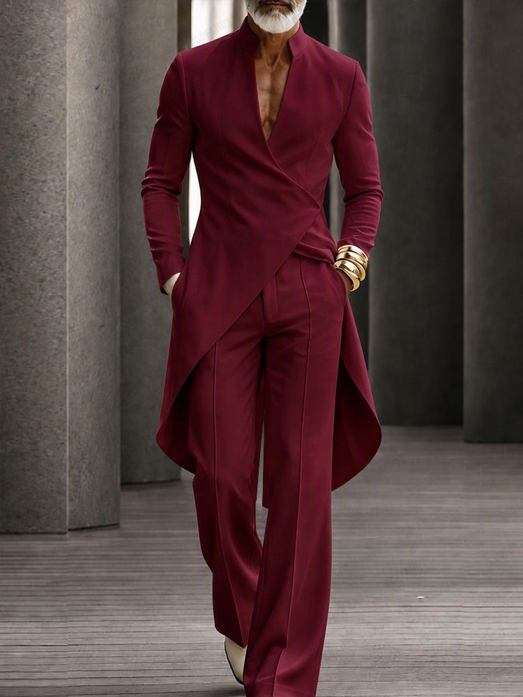 Quiet Luxury Style Long Tail Shirt Pants Set - Wine Red