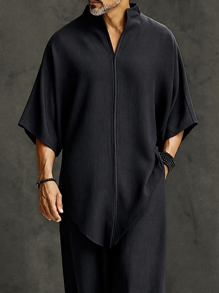 Minimalist Loose Asymmetrical Hem T-Shirt Set - Black