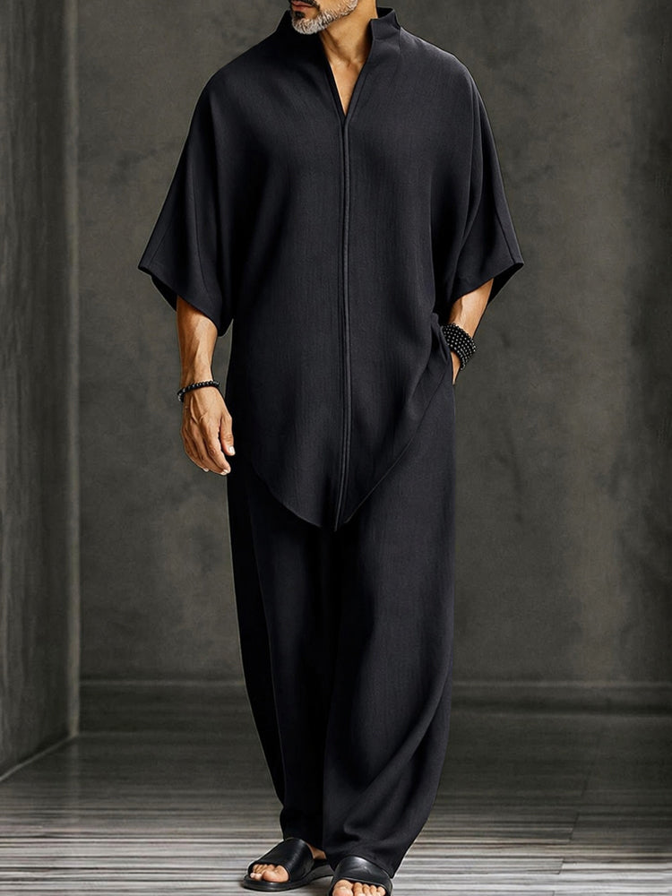 Minimalist Loose Asymmetrical Hem T-Shirt Set - Black