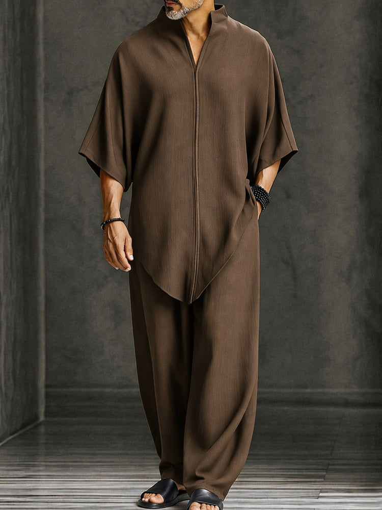 Minimalist Loose Asymmetrical Hem T-Shirt Set - Brown