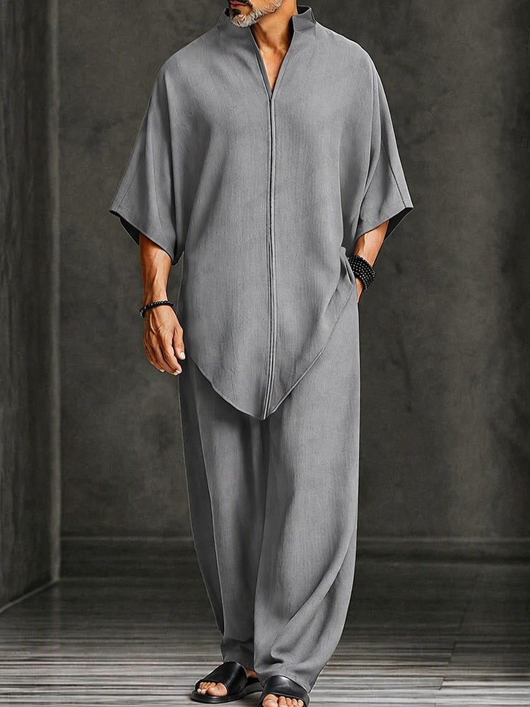 Minimalist Loose Asymmetrical Hem T-Shirt Set - Gray