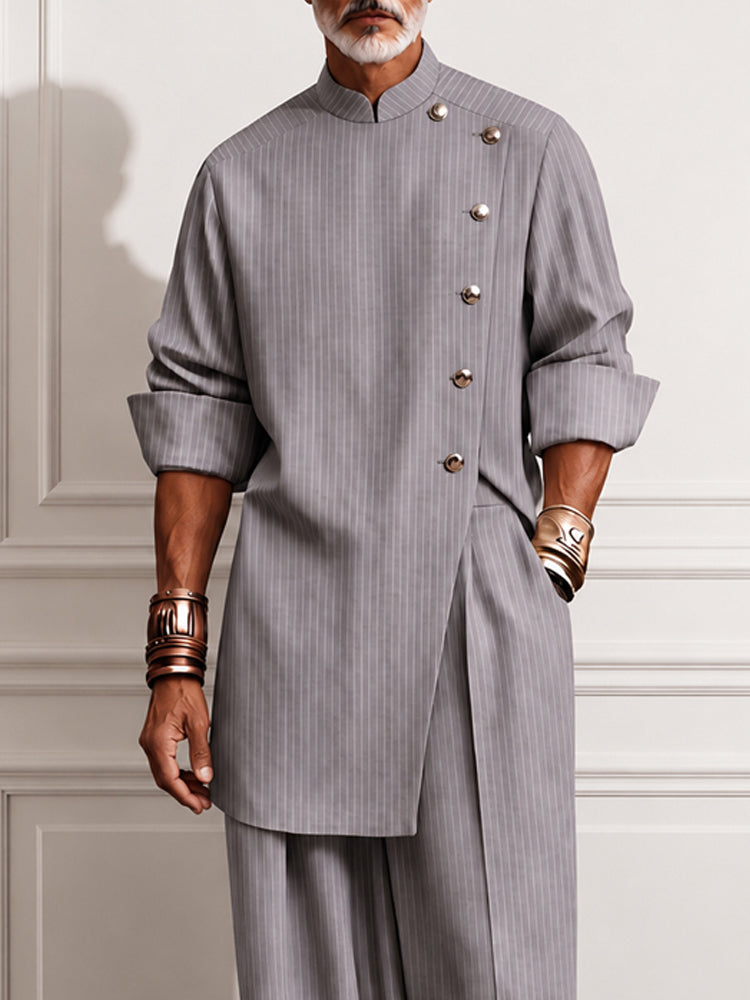 Refined Pinstripe Slit Longline Top Pants Set - Gray