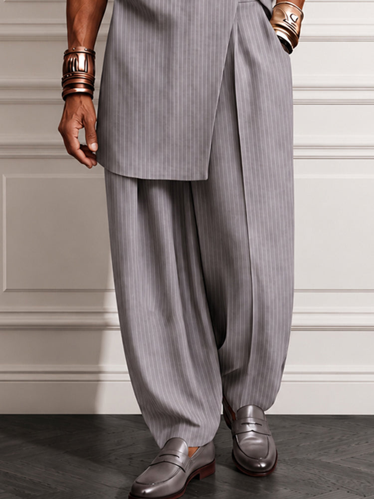 Refined Pinstripe Slit Longline Top Pants Set - Gray