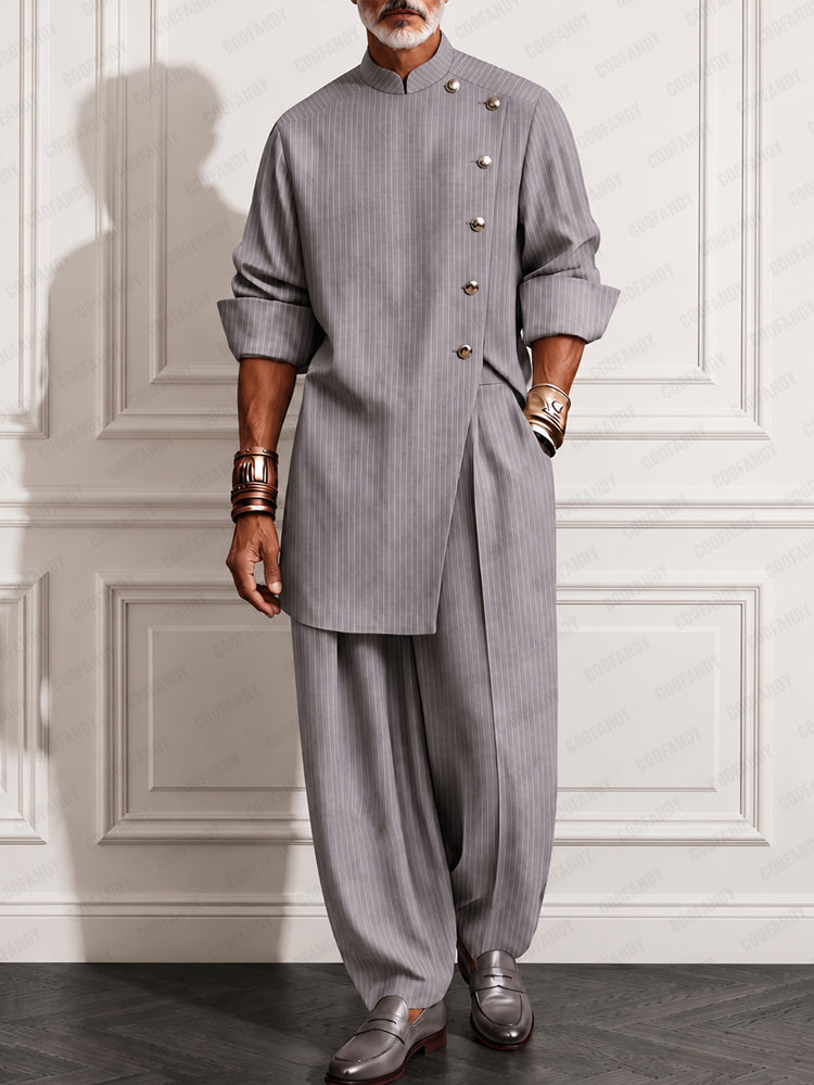 Refined Pinstripe Slit Longline Top Pants Set - Gray