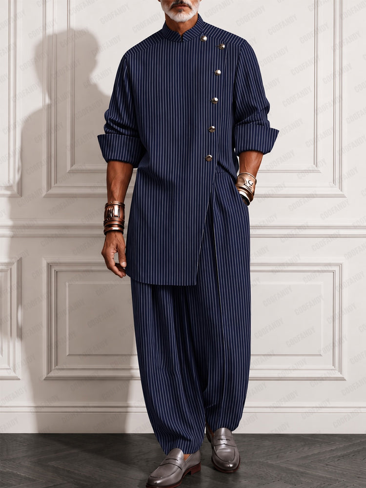 Refined Pinstripe Slit Longline Top Pants Set - Navy Blue