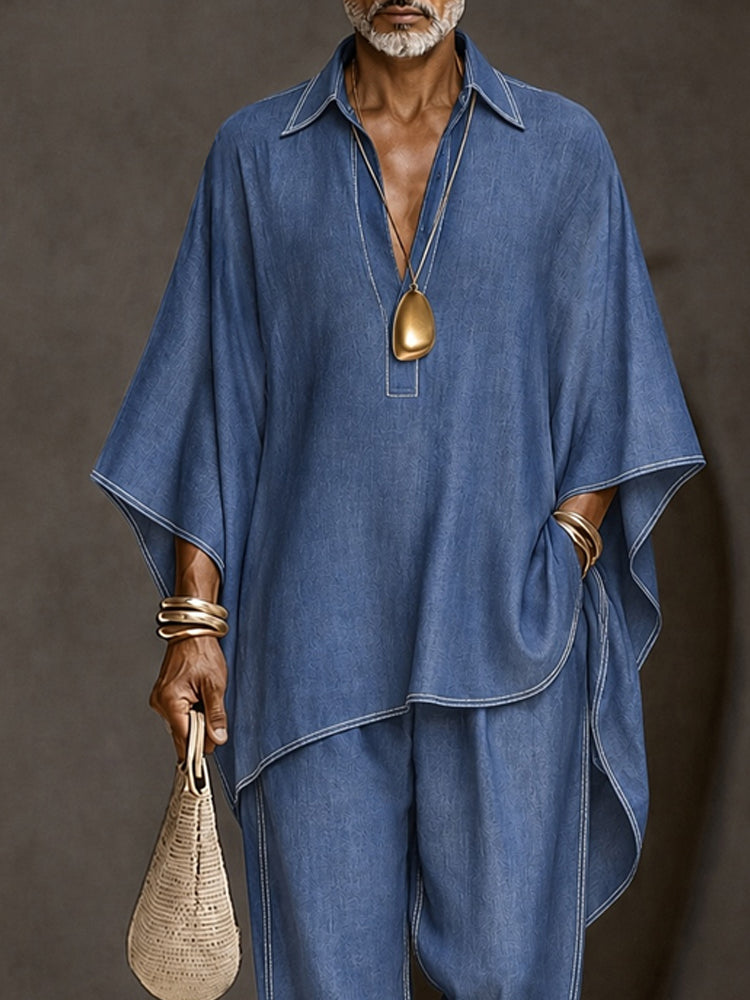 Casual Loose Contrast Stitch Faux Denim Co-ord Set - Blue