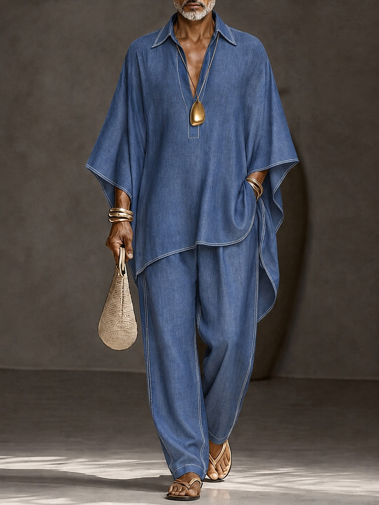 Casual Loose Contrast Stitch Faux Denim Co-ord Set - Blue