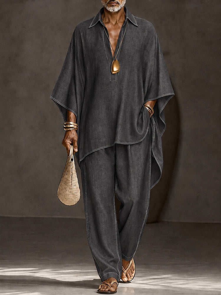 Casual Loose Contrast Stitch Faux Denim Co-ord Set - Dark Gray