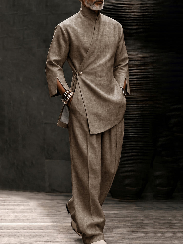 Urban Casual Slanted Button Shirt Pants Set - Brown