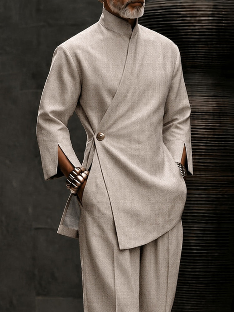 Urban Casual Slanted Button Shirt Pants Set - Khaki