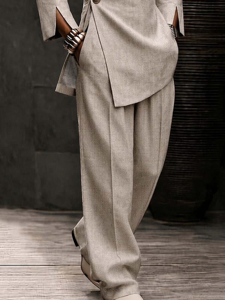 Urban Casual Slanted Button Shirt Pants Set - Khaki