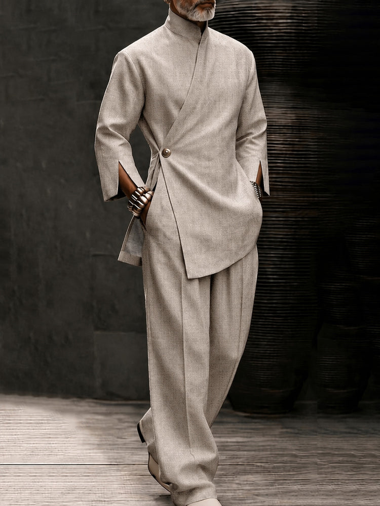 Urban Casual Slanted Button Shirt Pants Set - Khaki