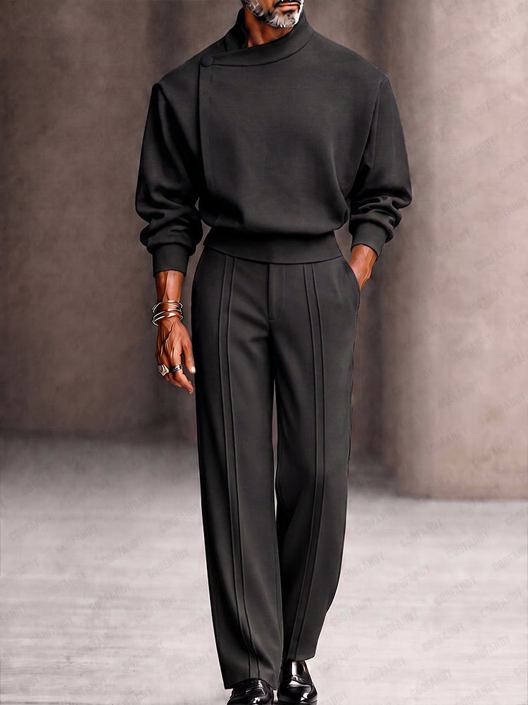 Modern Boxy Fit Shoulder Pad Top Pants Set - Black