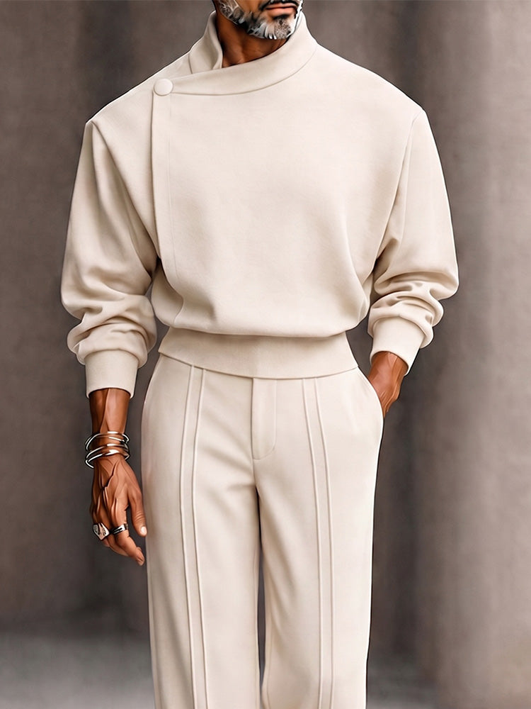 Modern Boxy Fit Shoulder Pad Top Pants Set - Beige