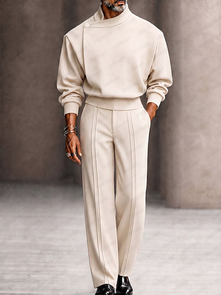 Modern Boxy Fit Shoulder Pad Top Pants Set - Beige